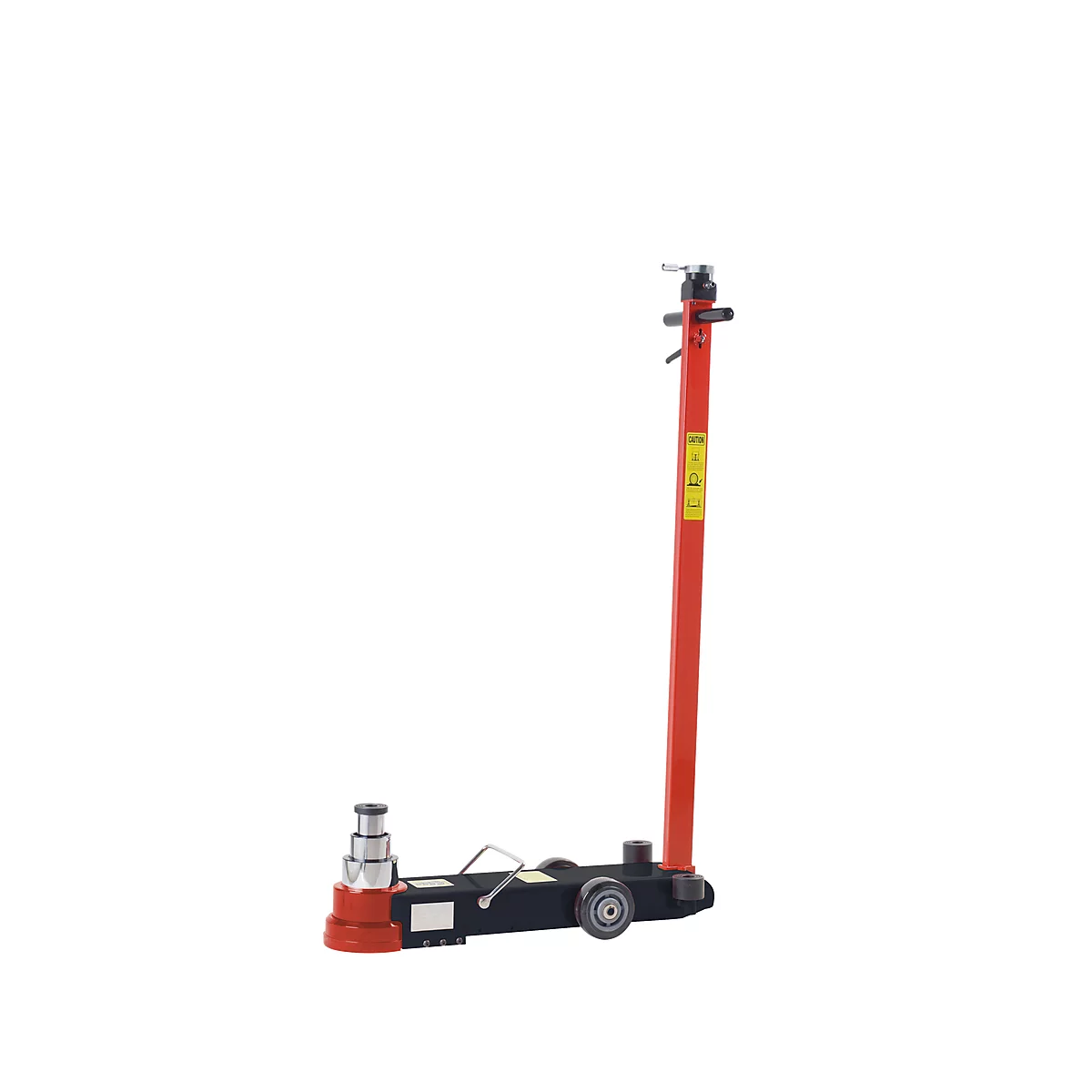 Roter, schwarzer Hydraulikwagenheber. Aufrecht stehende, rote Hebelstange. Reifenheber mit kleineren Rädern.